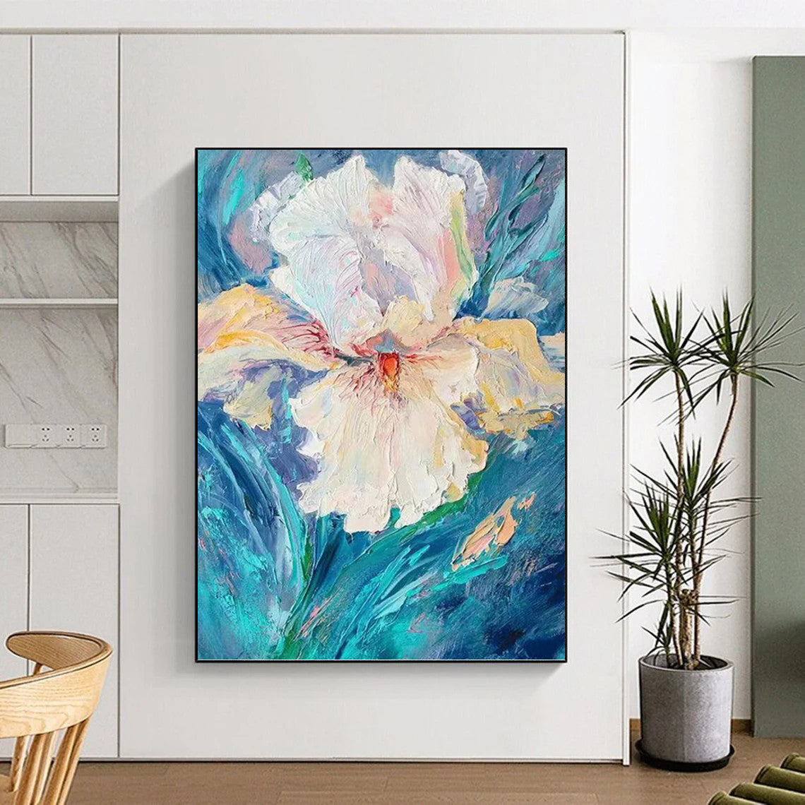 “White Flower: Textured Impasto on Blue” - Impressionistic Floral Painting On Canvas PT0942