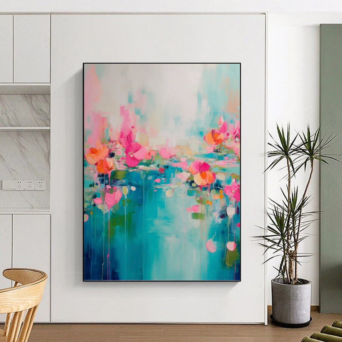 “Pink, Orange, and Blue Floral Abstract” - Impressionistic Flower Painting On Canvas PT0993