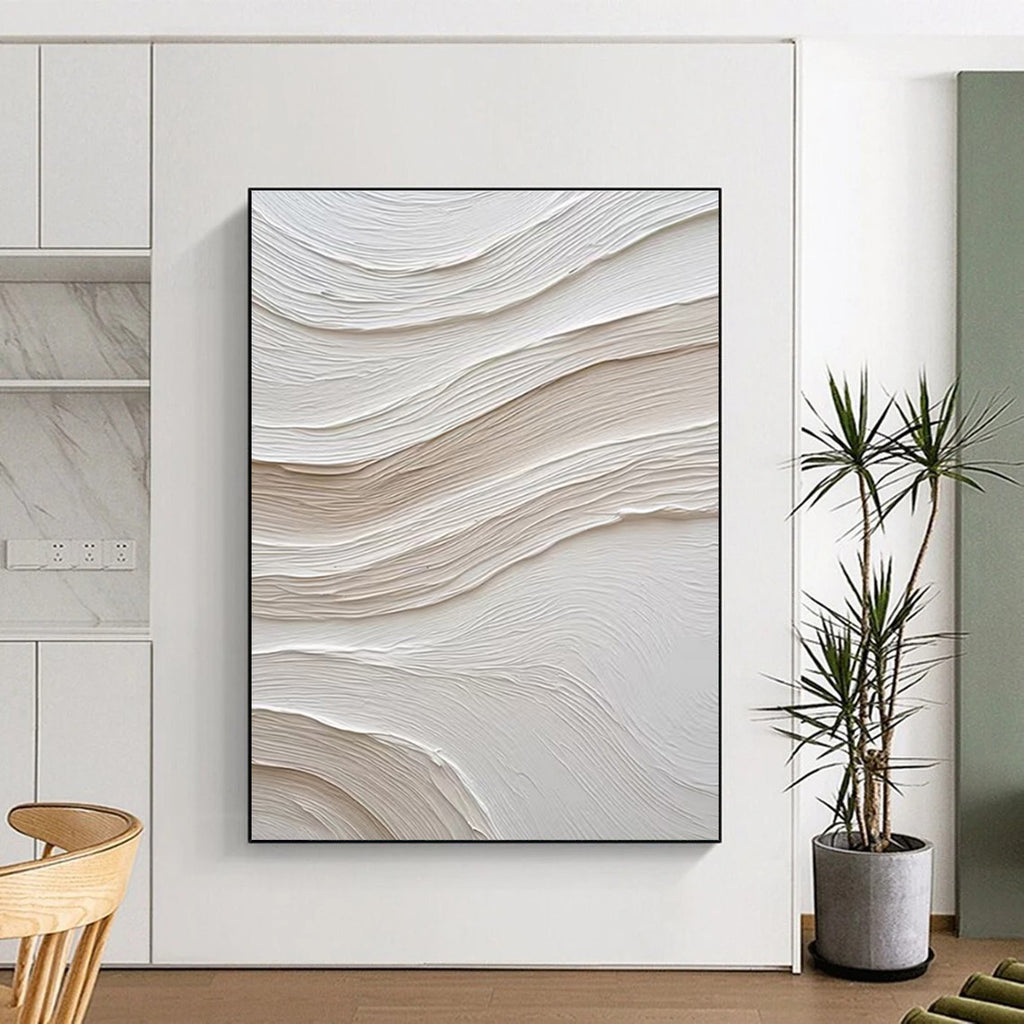 “White - Beige Wave Impasto” - White, Beige Abstract Impasto Painting On Canvas PS0722