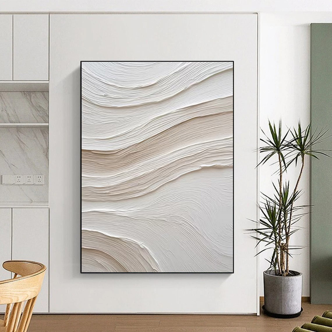 “White - Beige Wave Impasto” - White, Beige Abstract Impasto Painting On Canvas PS0722