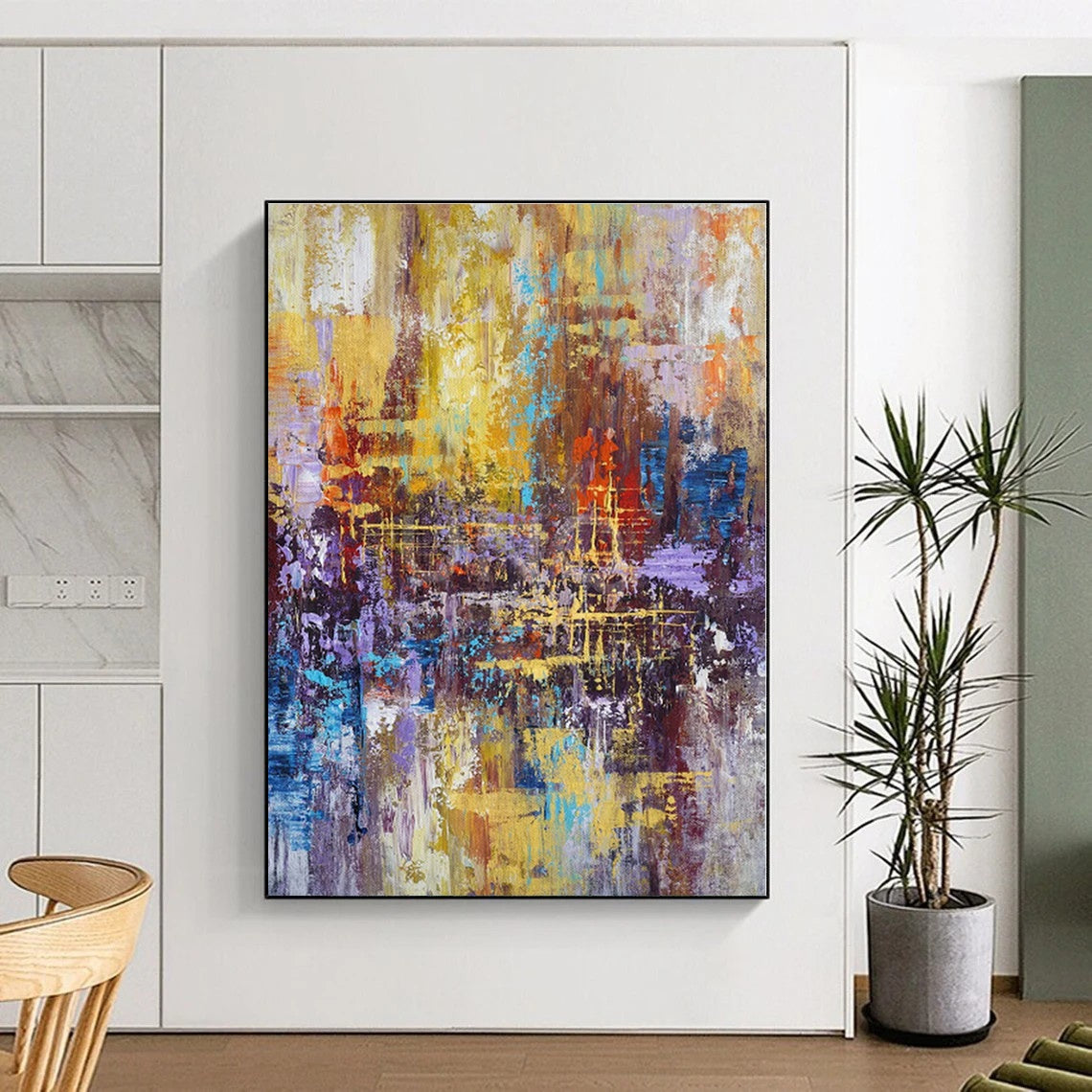 “Vibrant Urban Abstraction” - Yellow, Blue, Purple Abstract Cityscape Painting On Canvas PS0545