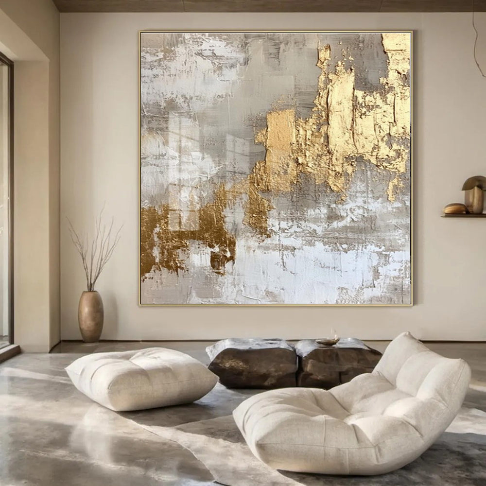 Gray, Gold, White with Textured Layers "Gilded Aura" Abstract Painting On Canvas PS1275