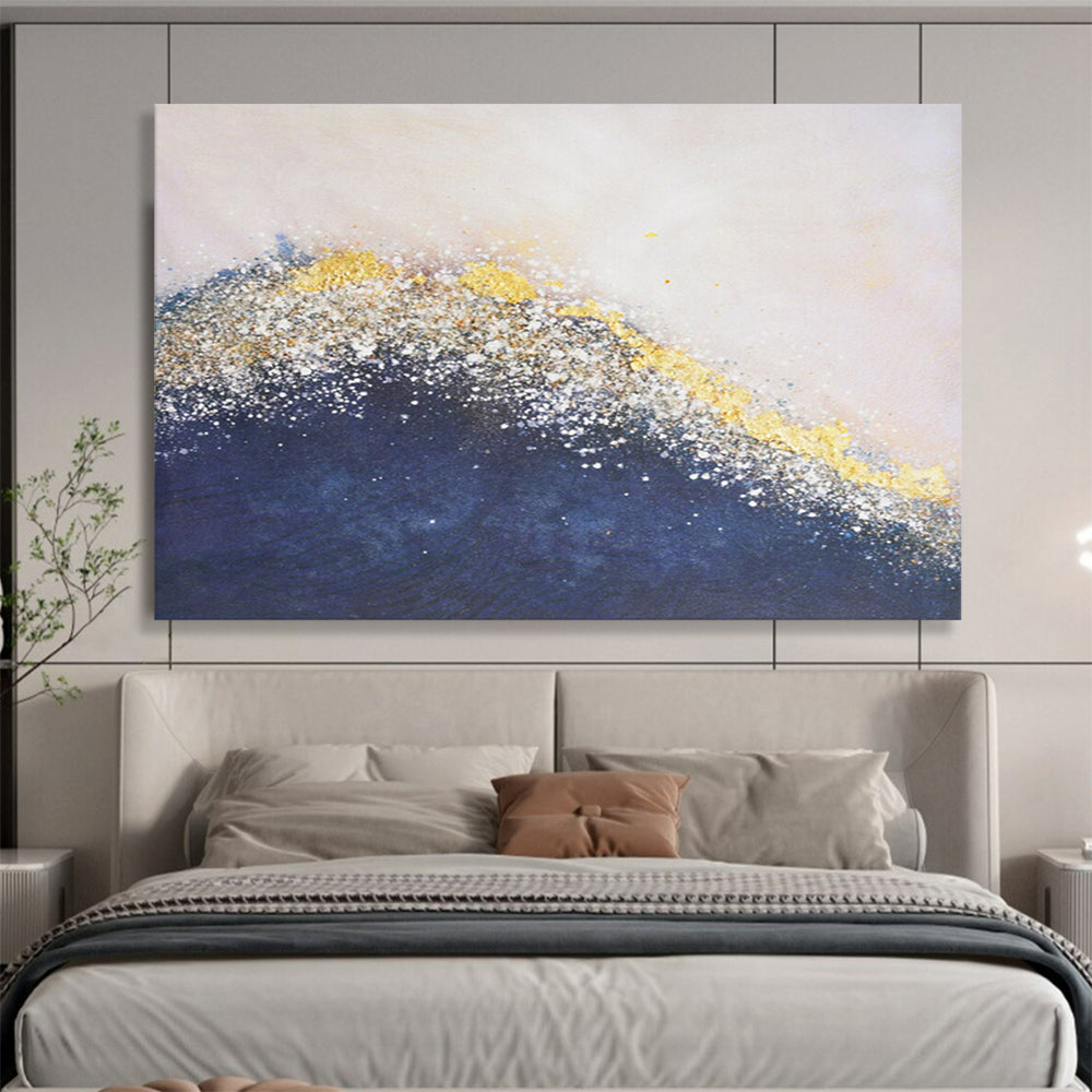 “Blue - Gold Sparkle Wave” - Mixed - Media Abstract Painting On Canvas PT268