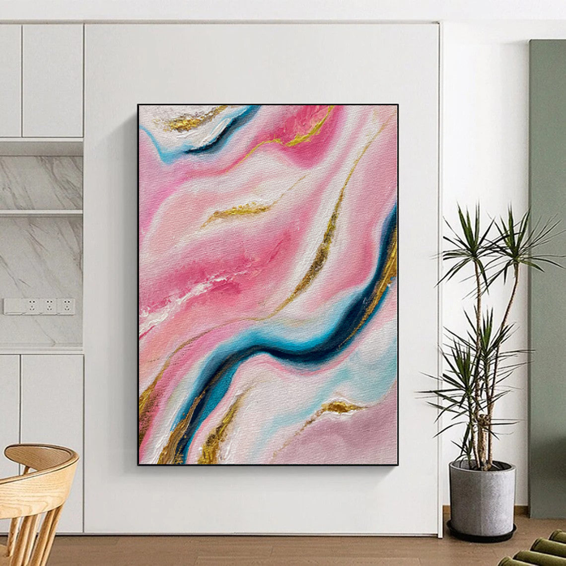 “Pink and Blue Marble - Like Abstract” - Abstract Impasto Painting On Canvas PS0029