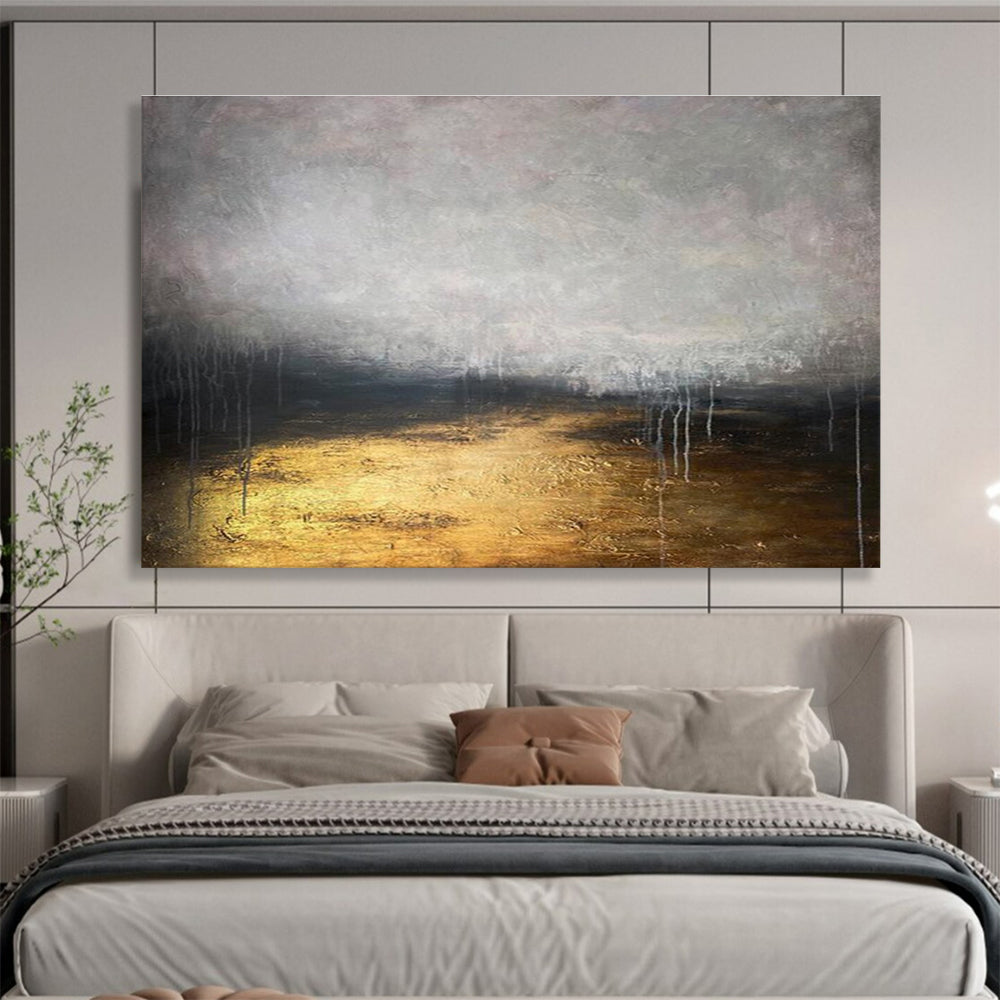 “Gilded Gray Abyss” - Gray, Gold & Black Abstract, Mixed - Media Painting On Canvas DKS782