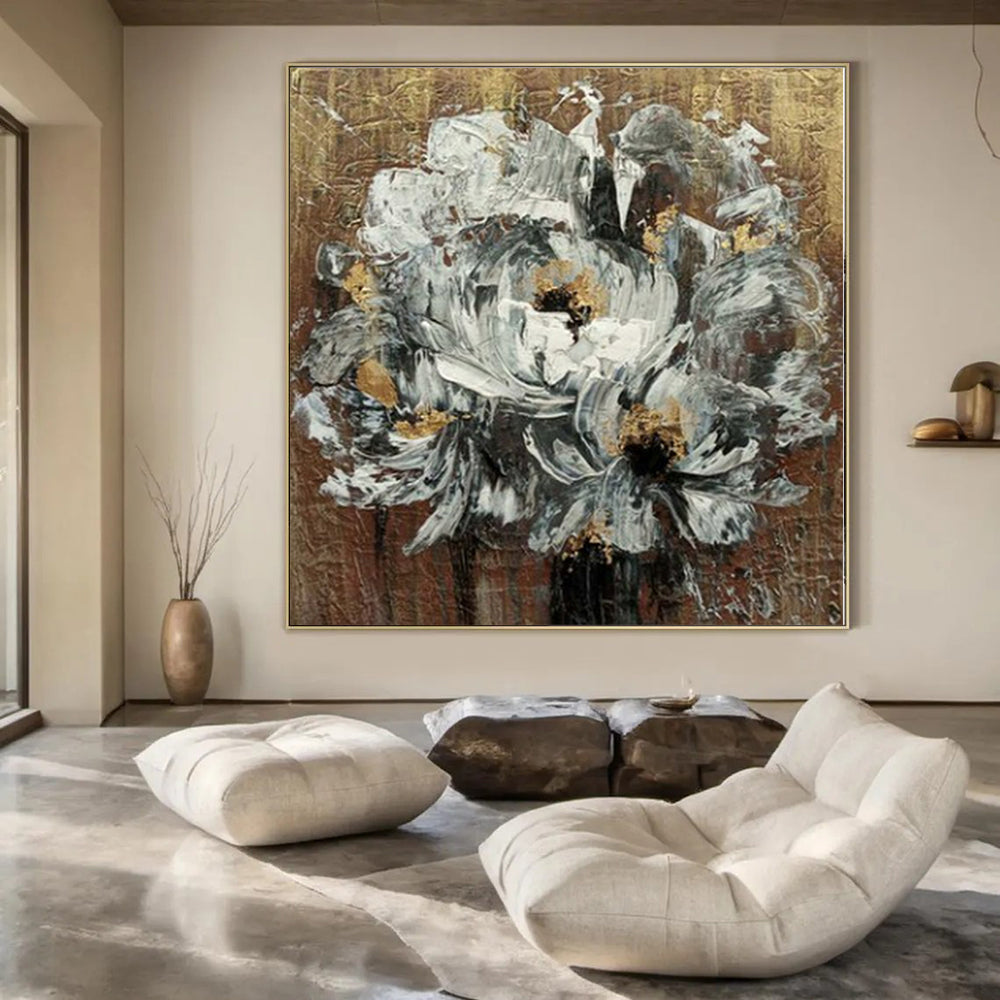 White, Gray, Gold with Textured Flowers "Gilded Blooms" Abstract Floral Painting On Canvas PS1194