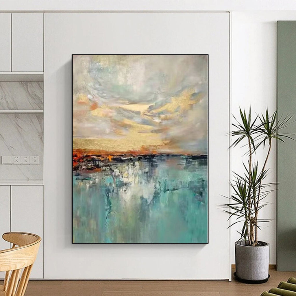 “Colorful Sky Reflection” - Blue, Orange, Gold Abstract Landscape Painting On Canvas PS0388