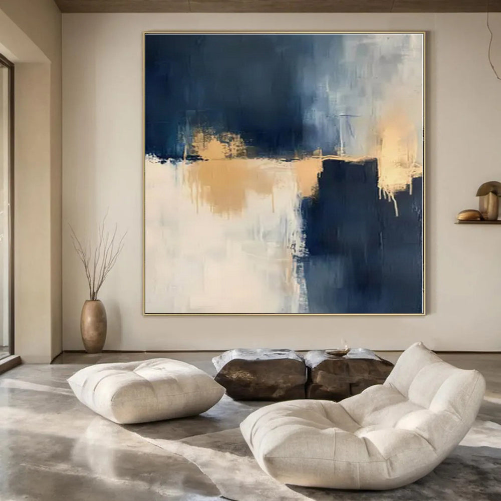 Navy, White, Gold with Abstract Drips "Gilded Tide" Abstract Painting On Canvas PS1309