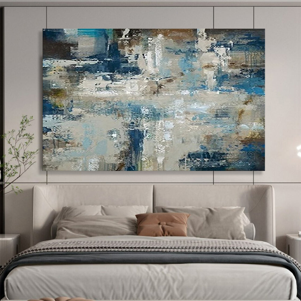“Abstract Coastal Collage in Blues, Browns & Grays” - Modern Mixed - Media Oil Painting On Canvas PT036