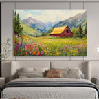 “Idyllic Mountain Barn” - Green, Yellow & Pink Landscape, Folk - Art Inspired Painting On Canvas DKS727