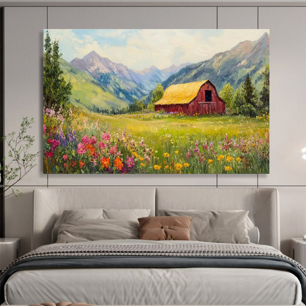 “Idyllic Mountain Barn” - Green, Yellow & Pink Landscape, Folk - Art Inspired Painting On Canvas DKS727