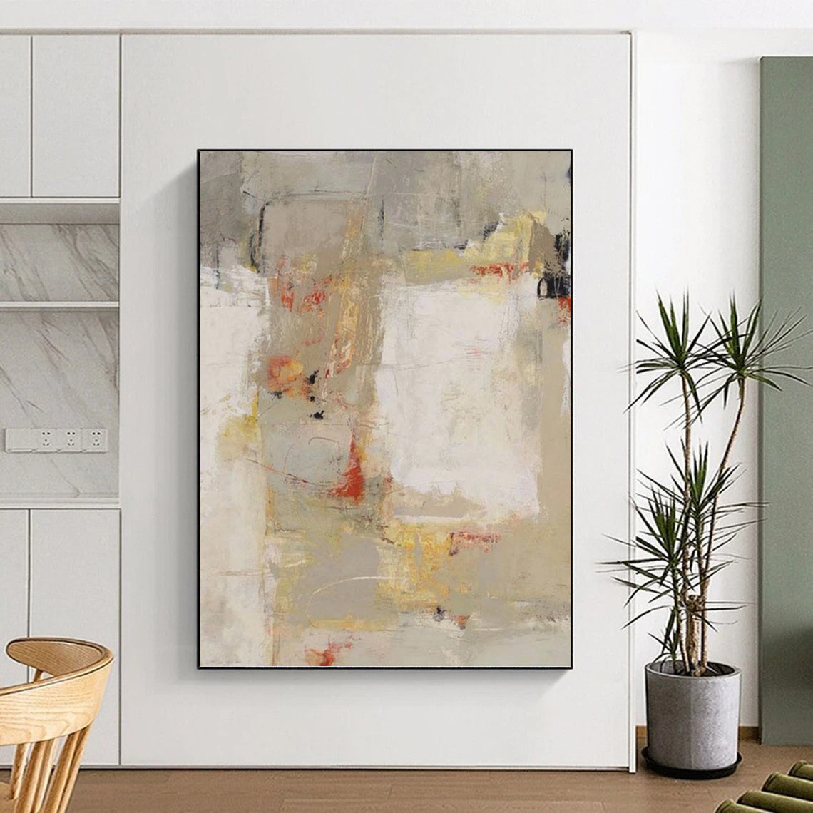 “Abstract in Beige, Gray & Red” - Abstract - Inspired Contemporary Painting On Canvas PT1435
