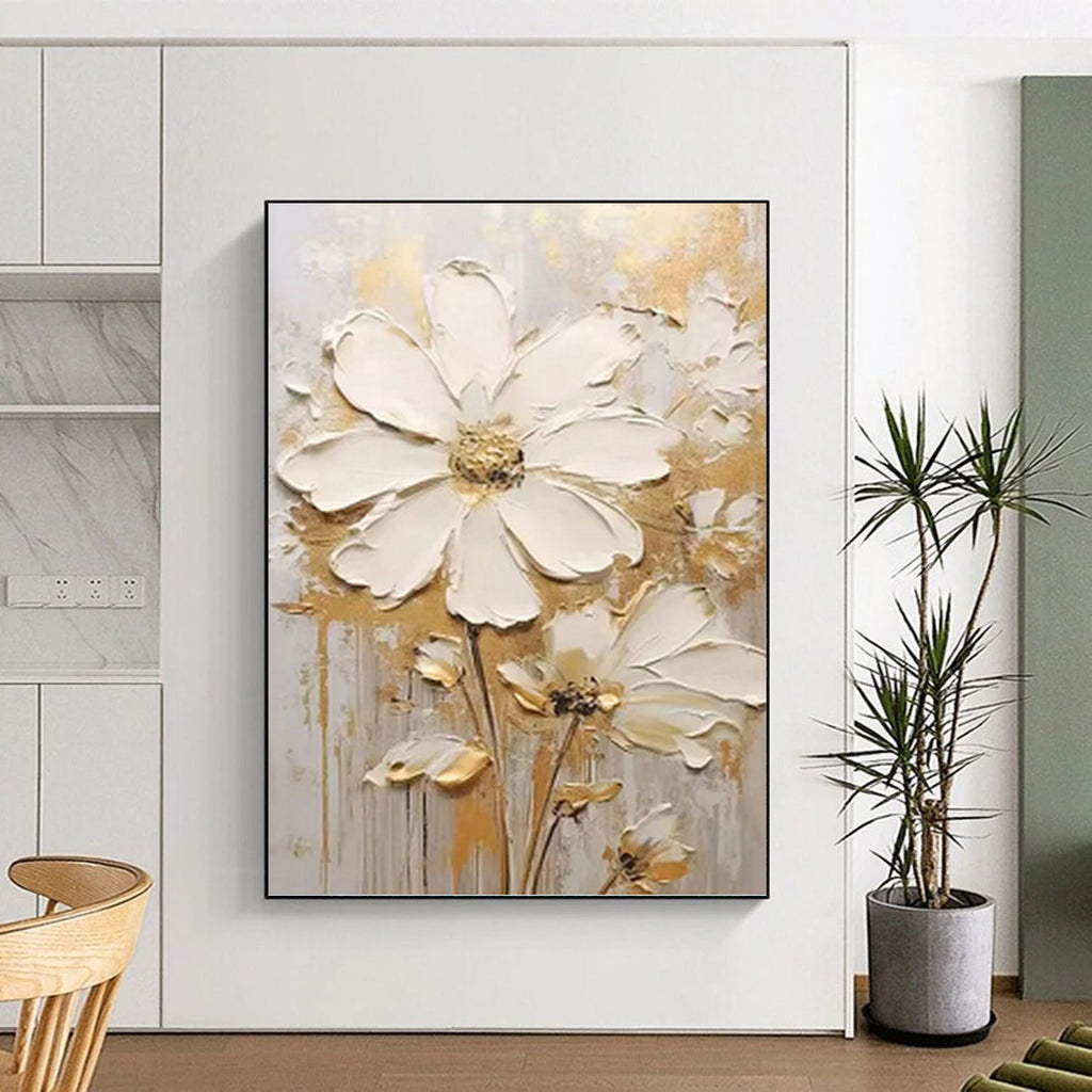 “White - Gold Floral Impasto” - Impressionist - Inspired Floral Painting On Canvas PT1395