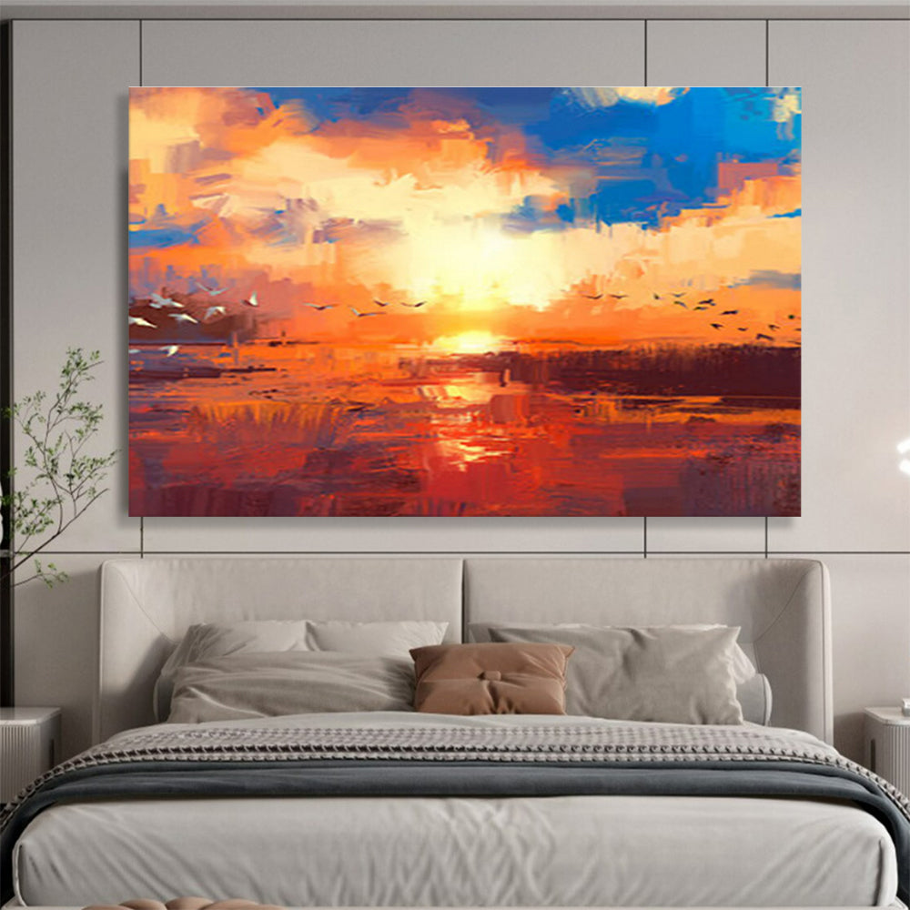 “Colorful Birds at Sunset Abstract” - Lively Landscape Painting On Canvas DKS387