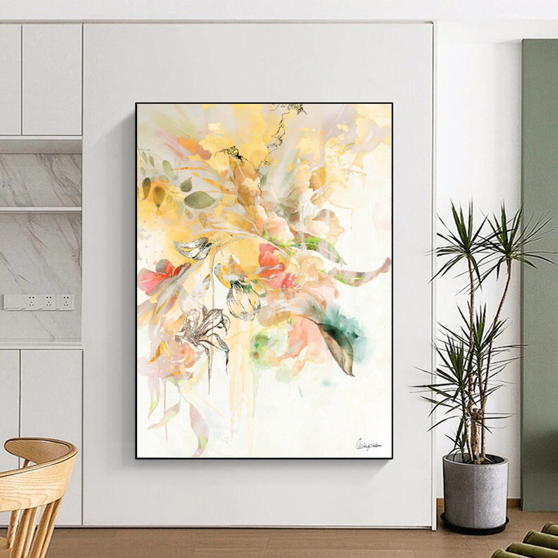 “Yellow - Pink Floral Splash” - Vibrant Floral Abstract Painting On Canvas PT1087