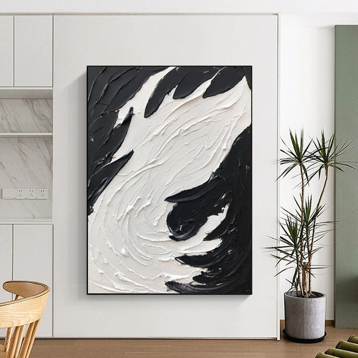“Swirling Textures: Black and White Abstract” - Energetic Abstract Painting On Canvas DS398