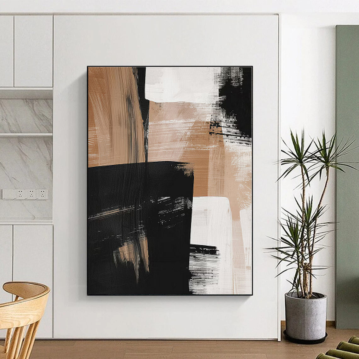 “Black, White & Beige Abstract” - Abstract Painting On Canvas PS0422