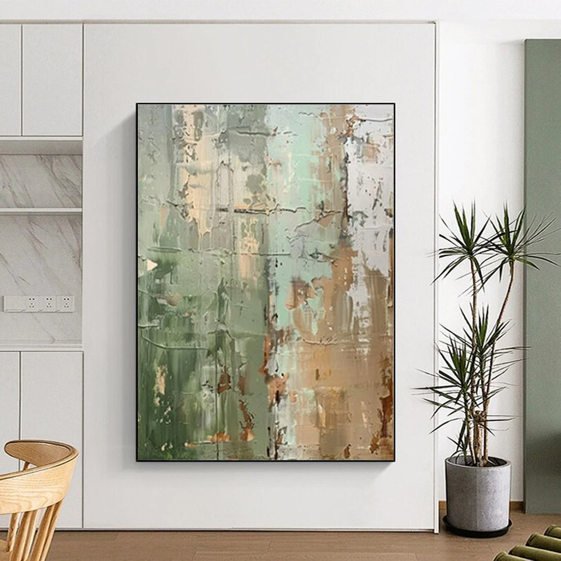 Green, Brown & Gray Textured Abstract "Mossy Wall" Painting On Canvas PS0854