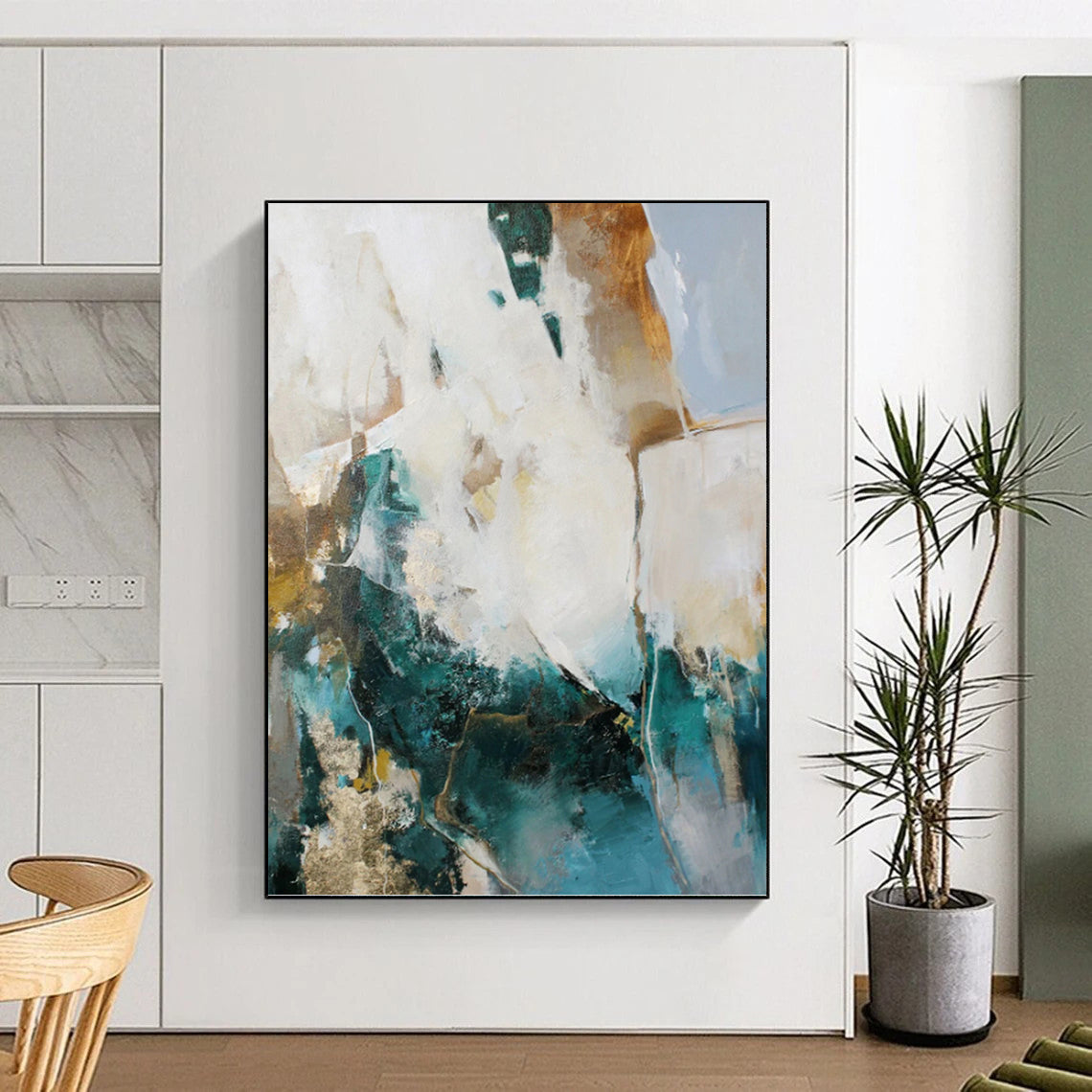 “Teal, Gold and White Abstract” - Bold Color Fusion Painting on Canvas PT1013