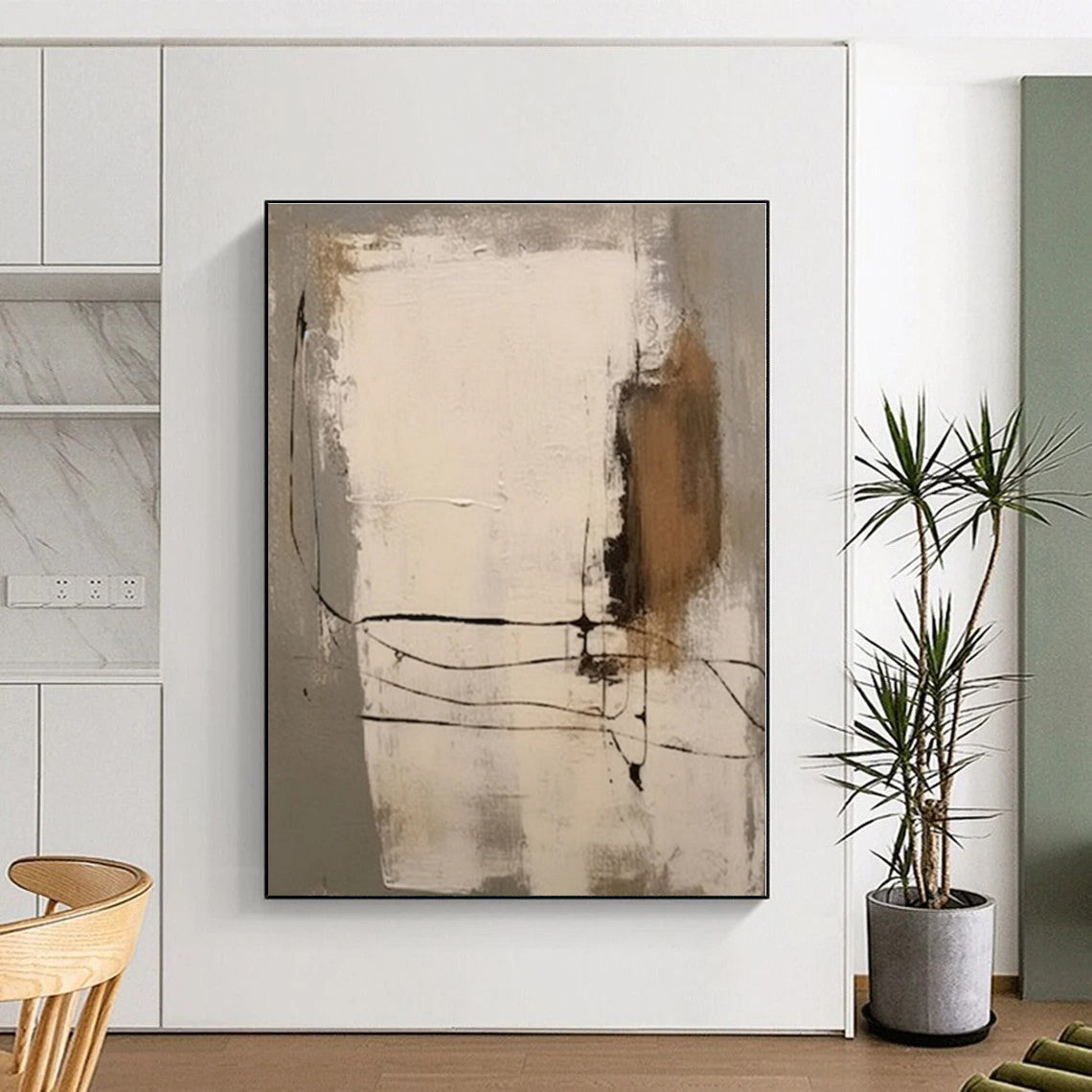 “Gray - Beige - Black Linear Abstraction” - Gray, Beige, Black Abstract Painting On Canvas PS0539