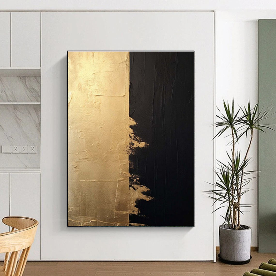 “Gold & Black Contrast” - Gold, Black Abstract Minimalist Painting On Canvas PS0690