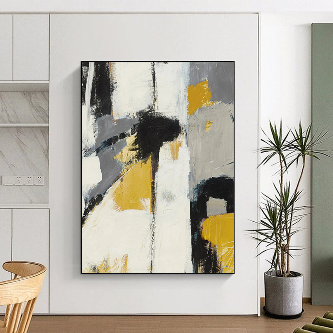 “Yellow, Gray, and Black Abstract” - Abstract, Bold - Colored Painting On Canvas PT1525