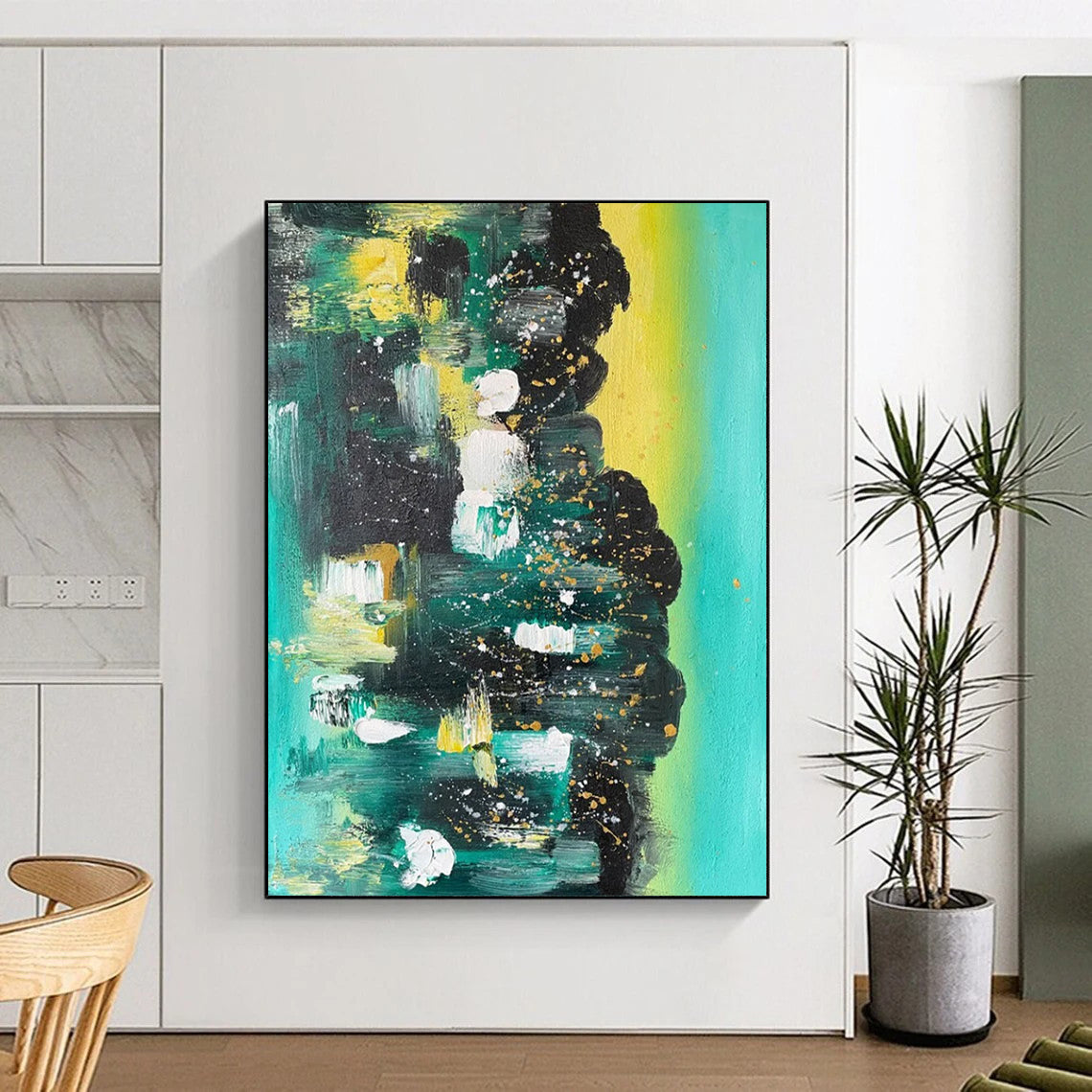 “Teal - Gold Abstract Splatter” - Abstract Expressionist Painting On Canvas DS038