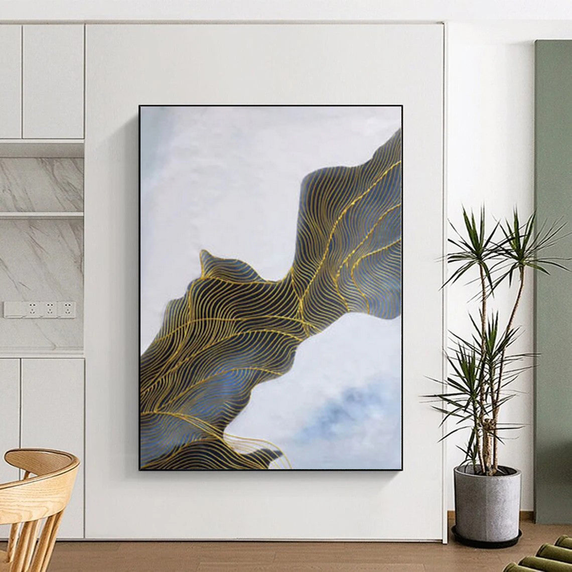 “Blue - Gold Abstract Flowing Waves” - Opulent Abstract Painting On Canvas PS0357