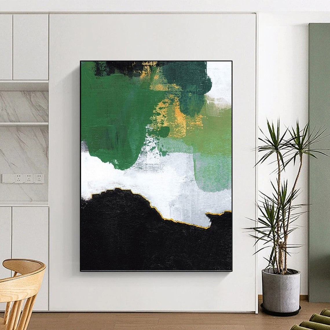 “Green - Gold - White Abstract Patches” - Abstract Expressionist Painting On Canvas PT1222