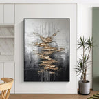 Silver, Black & Gold Textured Abstract "Metallic Cascade" Painting On Canvas PS0864