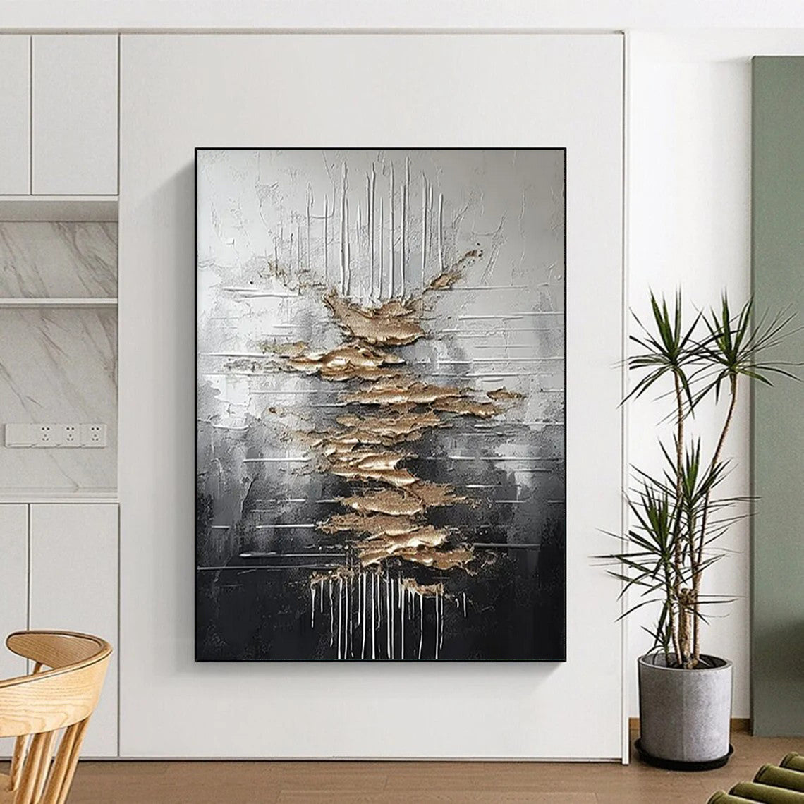 Silver, Black & Gold Textured Abstract "Metallic Cascade" Painting On Canvas PS0864