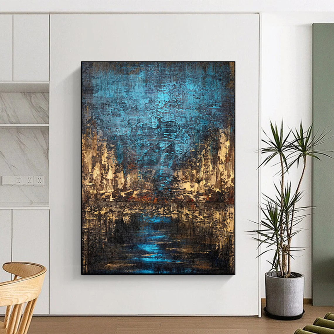 “Blue - Brown Abstract Cityscape” - Oil Painting On Canvas PT2074