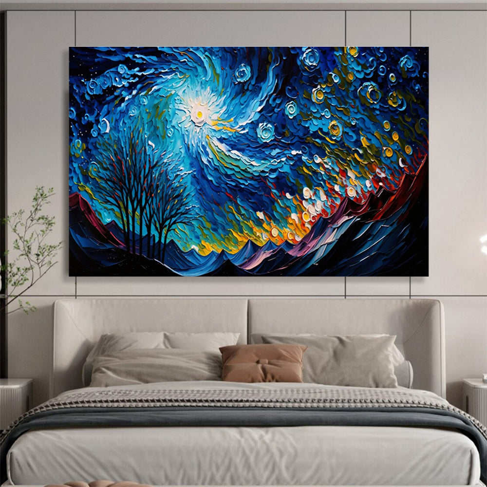 “Starry Night Mountains” - Impasto Oil Painting On Canvas DKS885