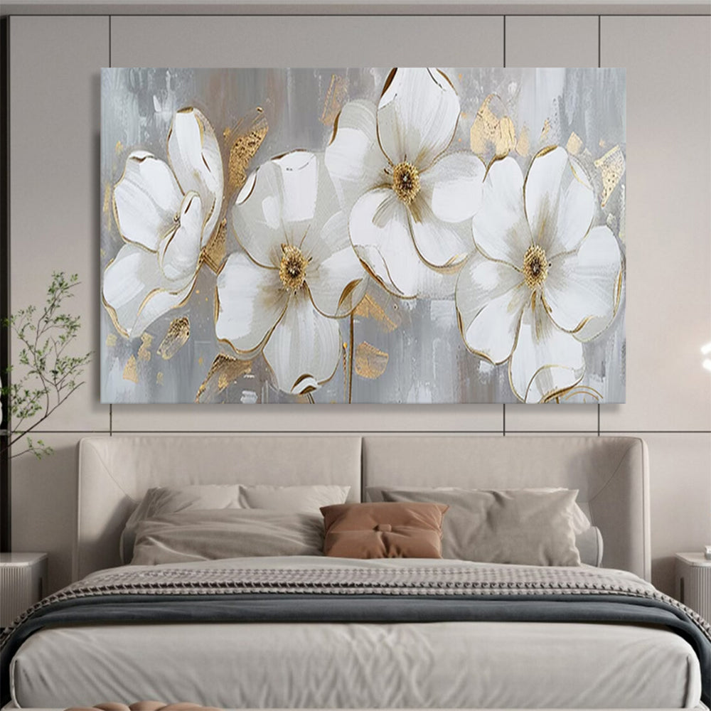 “White - Gold Floral Blooms” - Elegant Flowers “Gilded Garden” Painting On Canvas PT1653