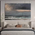 Dark Sky with Stars Over Grey - White Sea Seascape Painting On Canvas DKS105