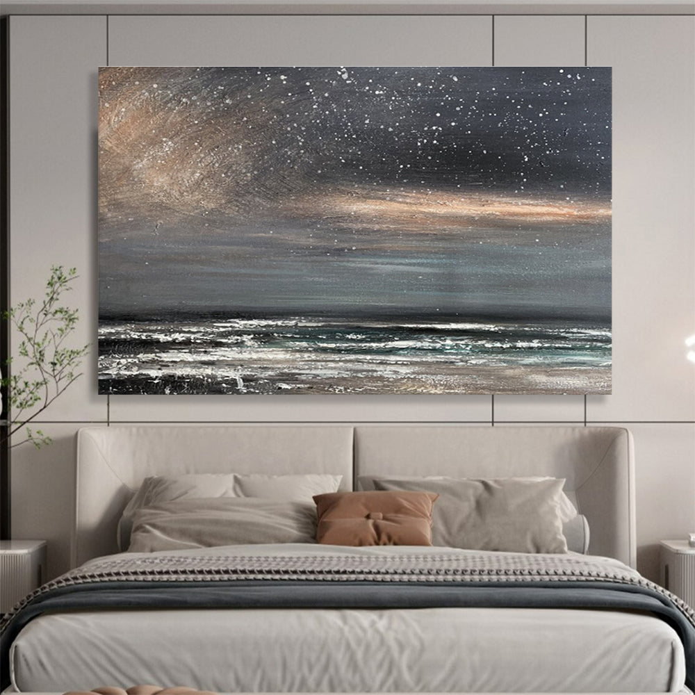 Dark Sky with Stars Over Grey - White Sea Seascape Painting On Canvas DKS105