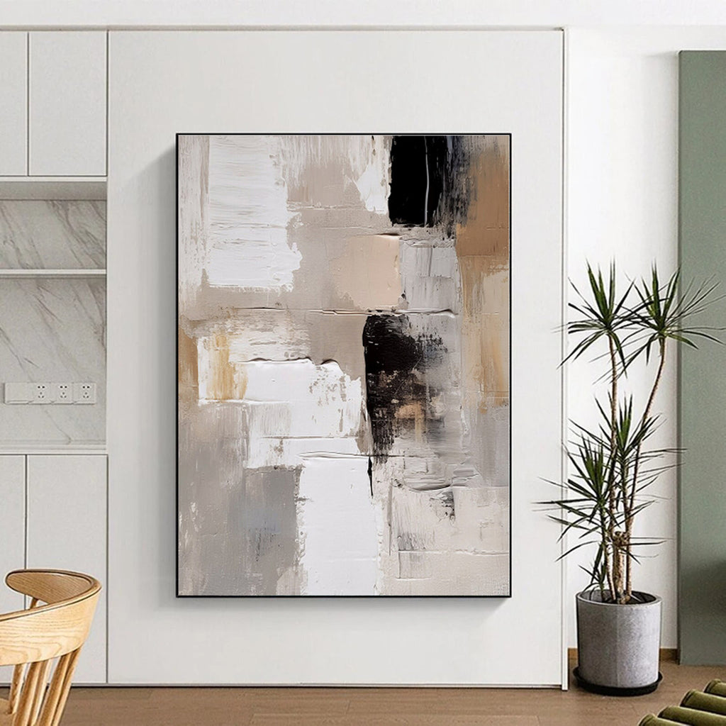 “Neutral - Black Textured Abstract” - Beige, Gray, White, Black Textured Abstract Painting On Canvas PS0442