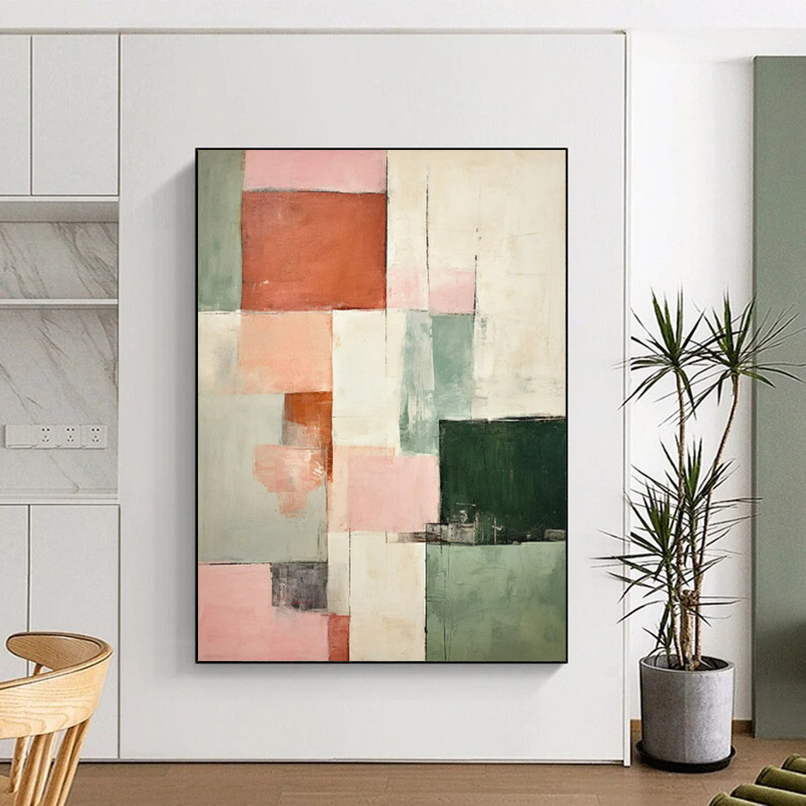 “Pink - Green Cubist Abstract” - Soft Cubist Abstract Painting On Canvas PT2299