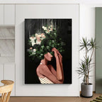 “Black, Green, and White Floral Head” - Elegant Figurative Painting On Canvas DS323