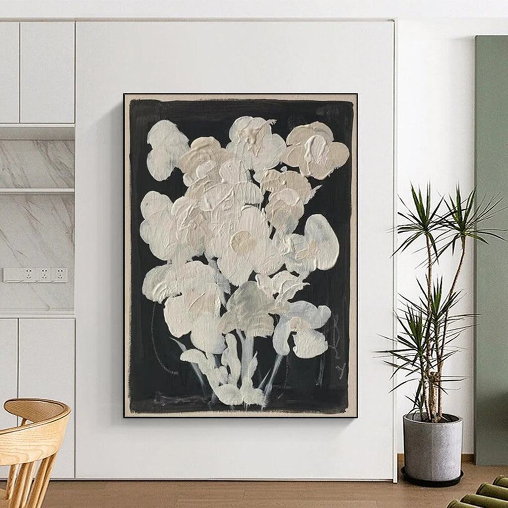 “White Blooms” - Minimalist Floral Textures on Black Painting On Canvas DS140