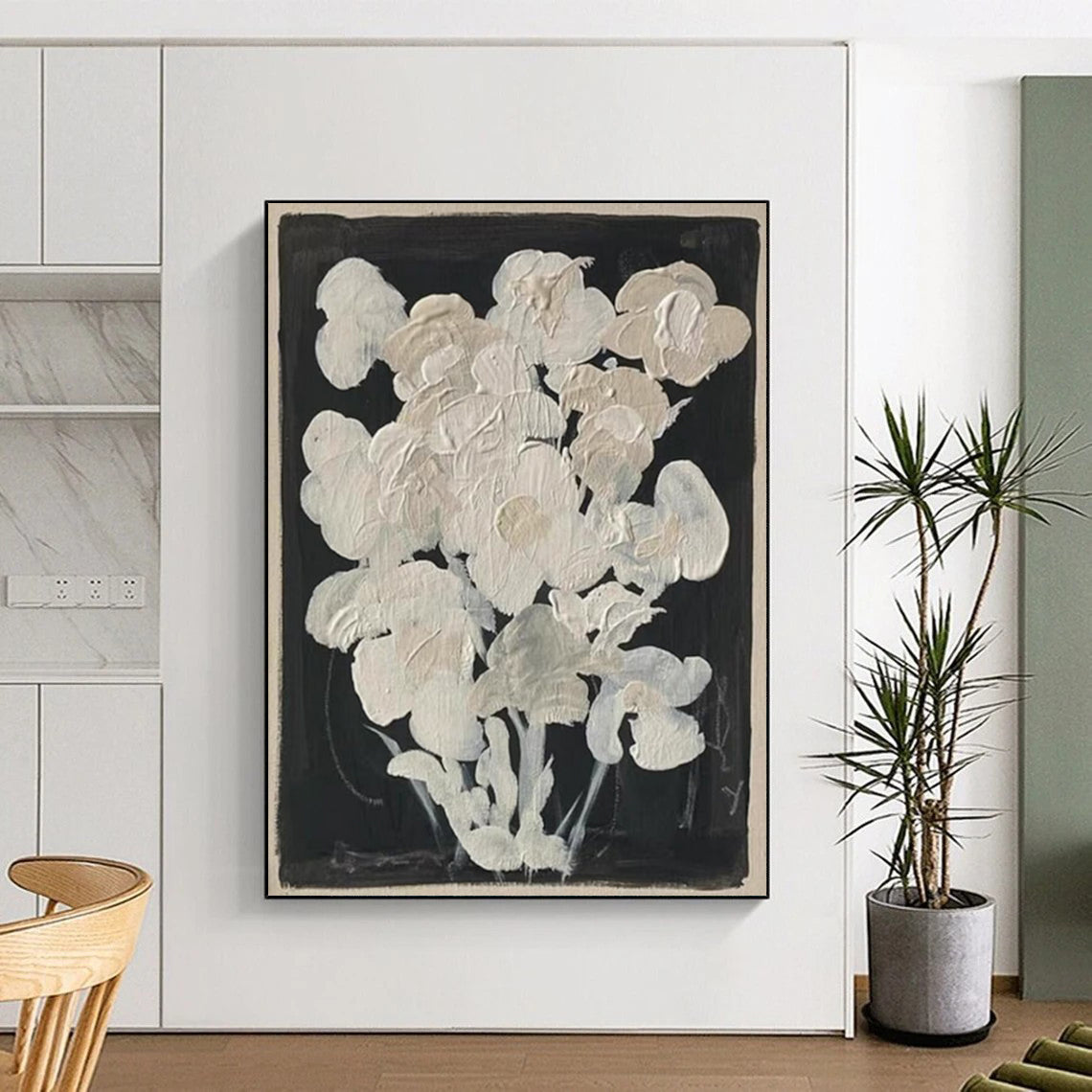 “White Blooms” - Minimalist Floral Textures on Black Painting On Canvas DS140