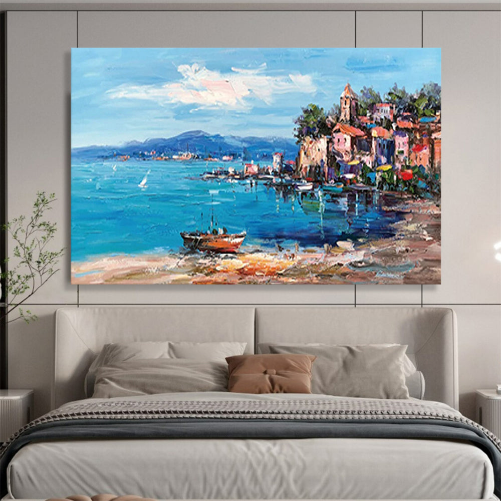 “Colorful Coastal Village” - Impressionistic Seaside Painting On Canvas PT230