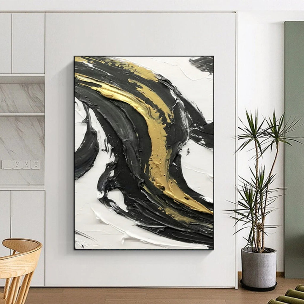 “Black and Gold Accent Swirl” - Opulent Abstract Painting On Canvas DS379