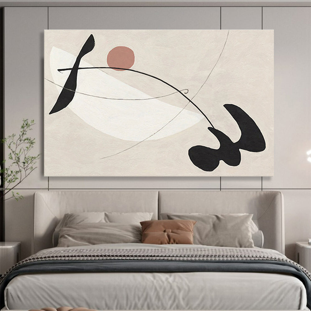 “Abstract Geometric Dance” - Beige, Black & Pink Abstract, Modern Ink Painting On Canvas DKS738