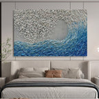 “Blue - Silver Abstract Wave” - Metallic Ocean “Tidal Gleam” Painting On Canvas PT1654
