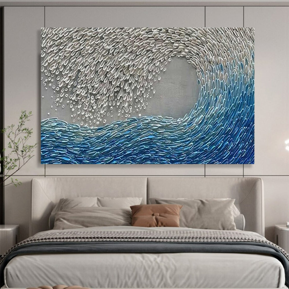 “Blue - Silver Abstract Wave” - Metallic Ocean “Tidal Gleam” Painting On Canvas PT1654
