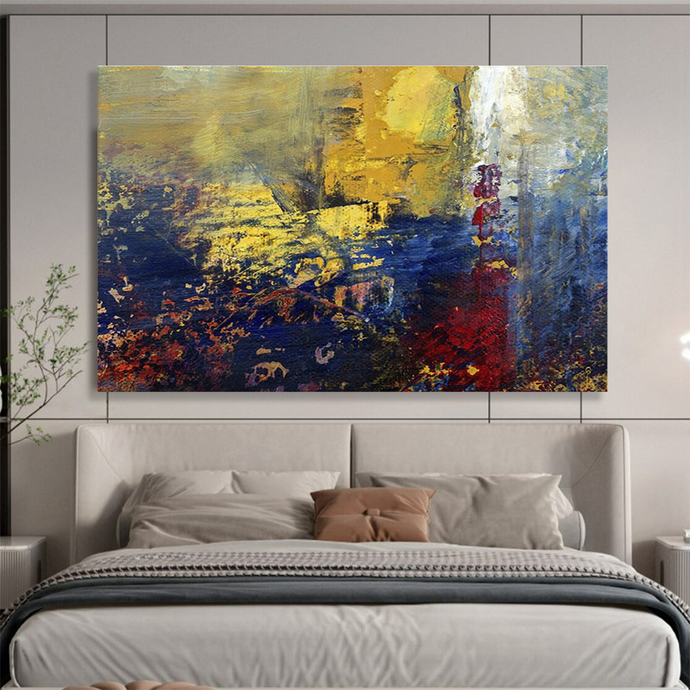 “Golden - Blue Abstract Vista” - Gold, Blue & Purple Abstract, Impasto Oil Painting On Canvas DKS722