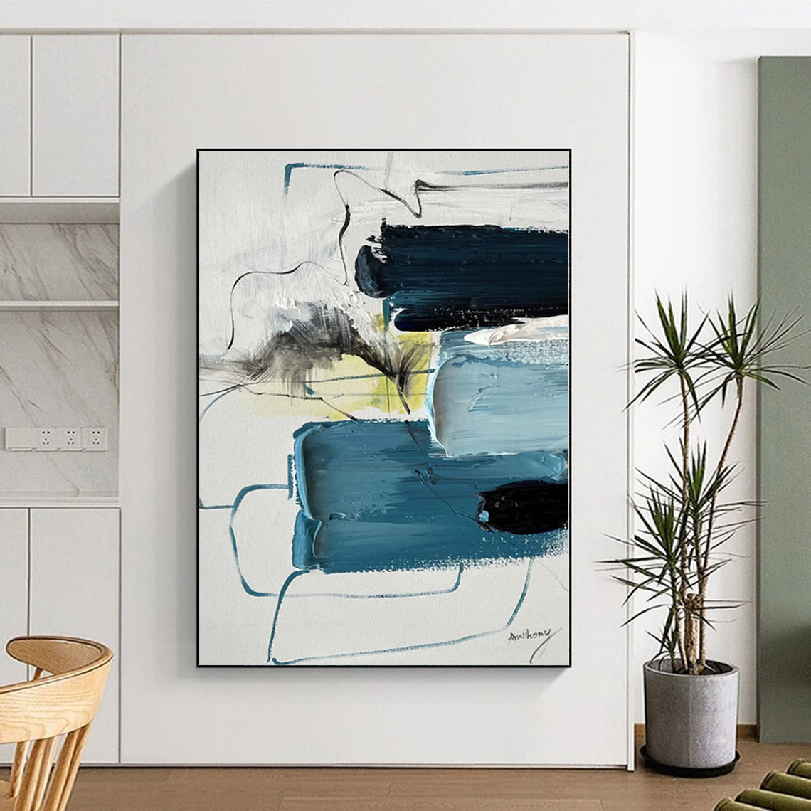 “Blue - Gray Abstract Blocks” - Blue, Gray, Yellow Abstract Painting On Canvas PS0484