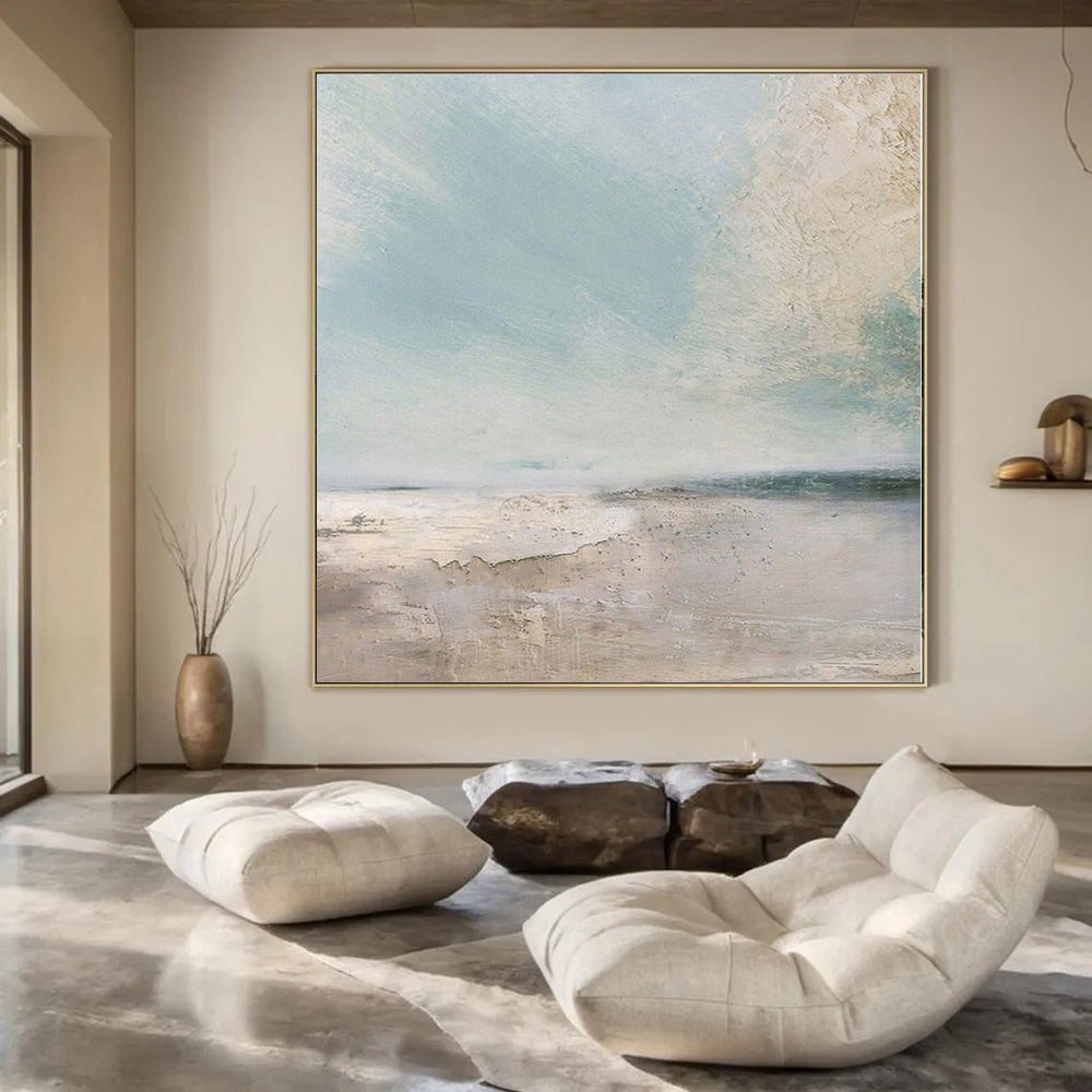 Light Blue, Beige and Gray with Subtle Coastal Textures "Seaside Stillness" Abstract Landscape Painting On Canvas PS1160