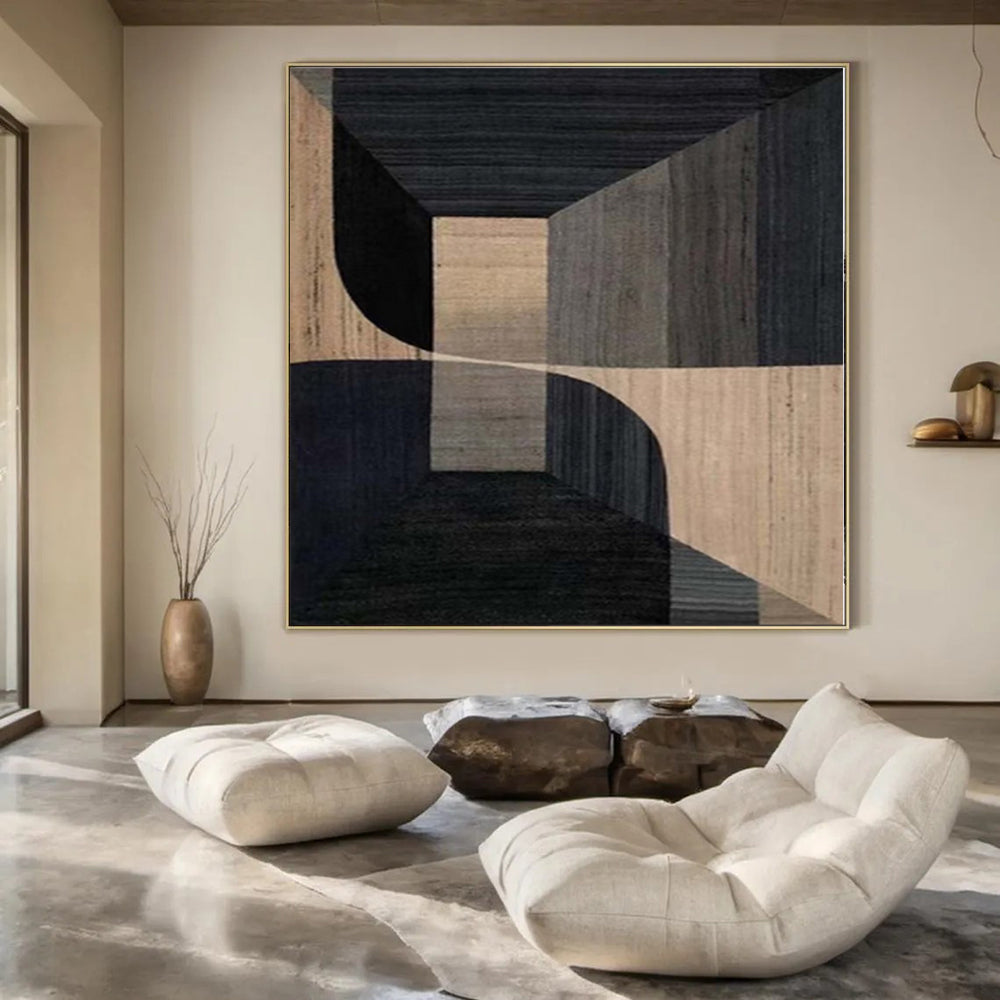 “Black - Beige Geometric Architectural” - Modern Abstract Painting On Canvas PS0151
